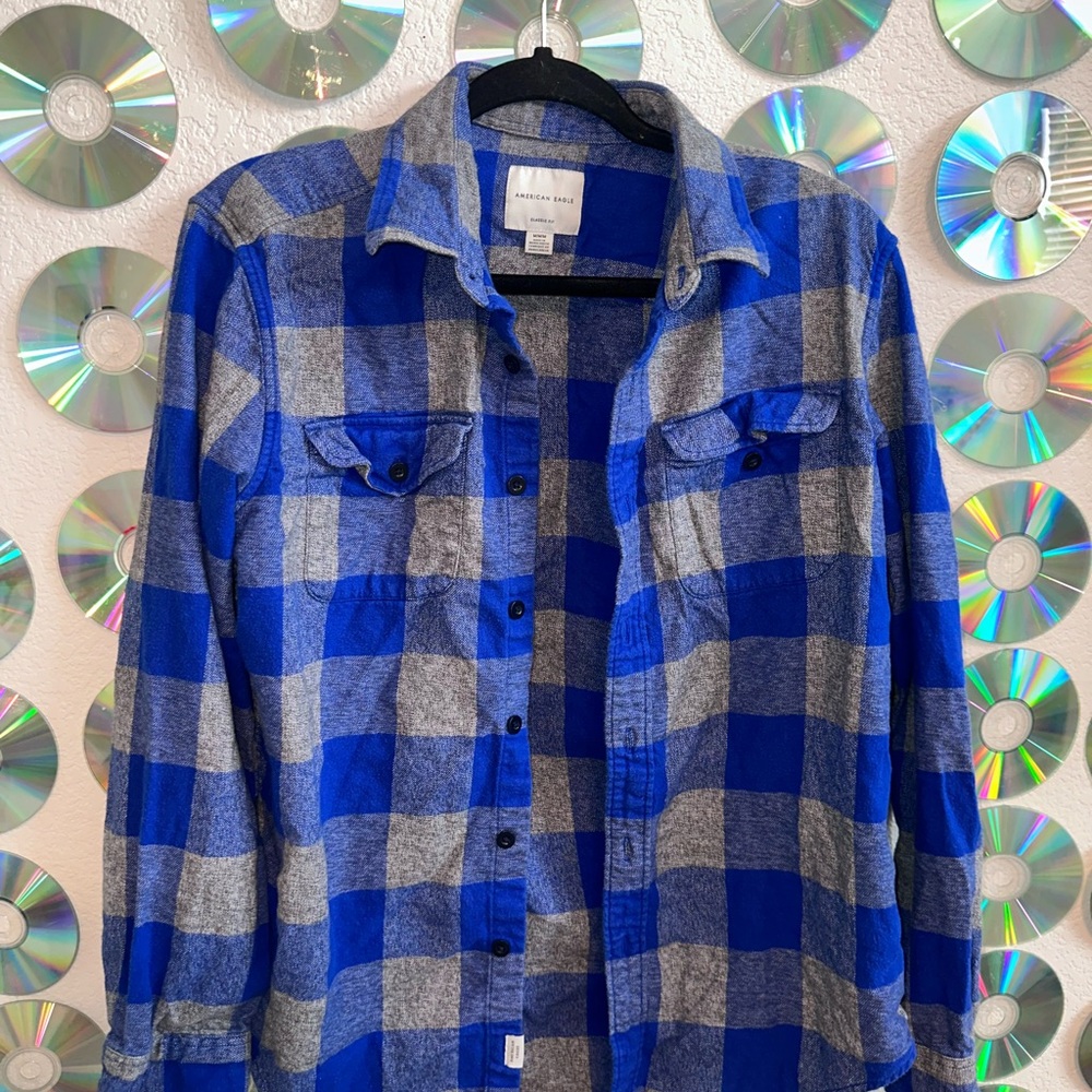 American Eagle Outfitters Blue and Gray Plaid Shirt Jacket